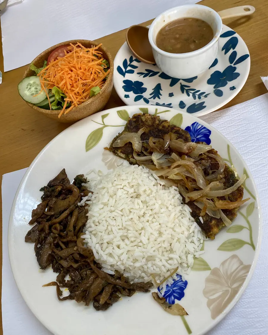 Prato de acebolado vegano com arroz, salada e caldo